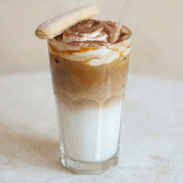 Iced coffee with whipped cream, cocoa powder, caramel drizzle, and a ladyfinger cookie.
