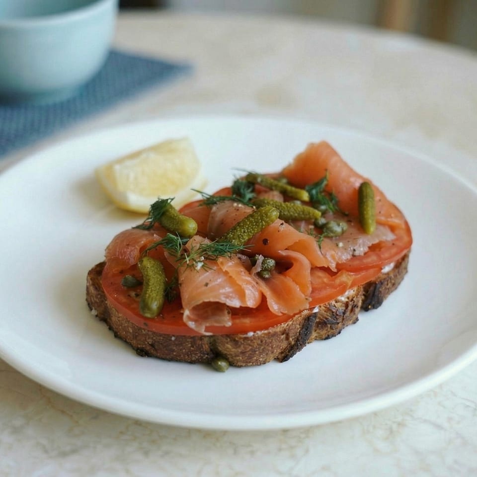 Smoked salmon and tomato toast with capers, dill, and cornichons, served with a lemon wedge.