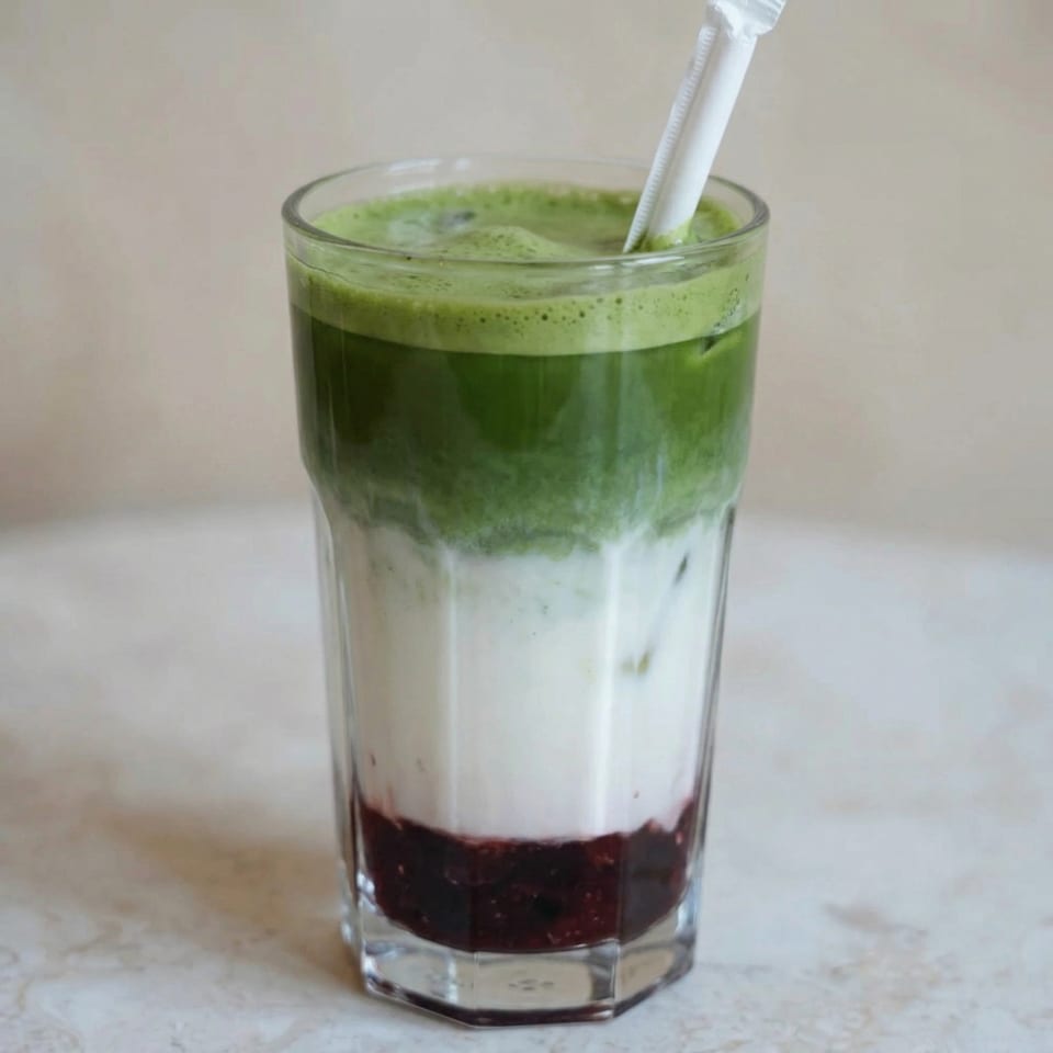 Layered iced matcha latte with white milk and a dark red bottom layer, with a white straw.