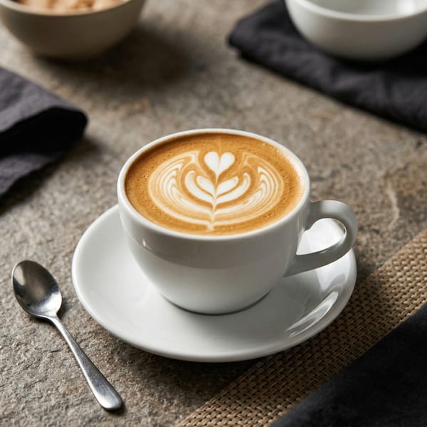 A white cup of latte with heart-shaped latte art sits on a saucer with a spoon.