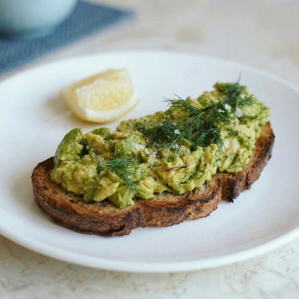 Avocado toast with fresh dill, salt, pepper, and a lemon wedge on a white plate.