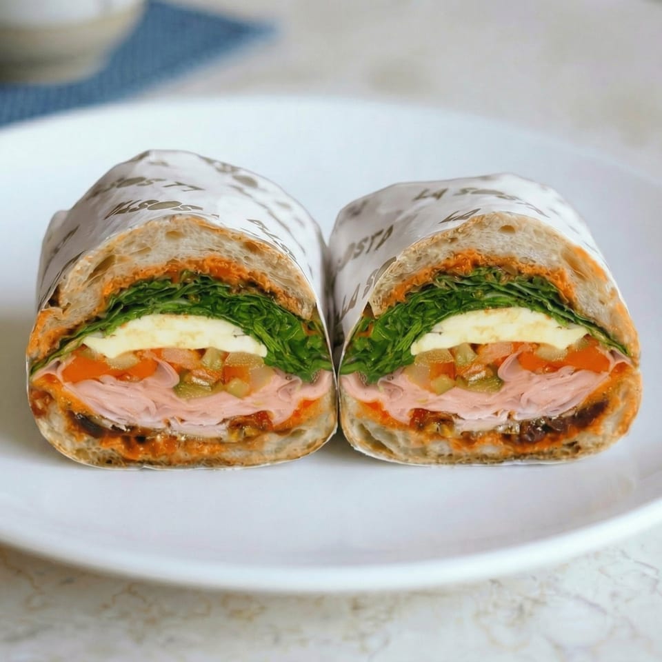 A large sandwich, cut in half, revealing layers of meat, cheese, lettuce, and vegetables.