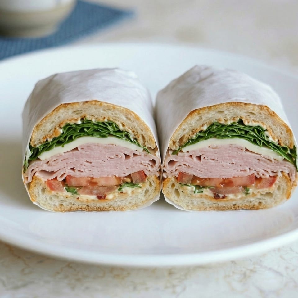 Two halves of a deli sandwich with turkey, cheese, lettuce, and tomatoes on a white plate.