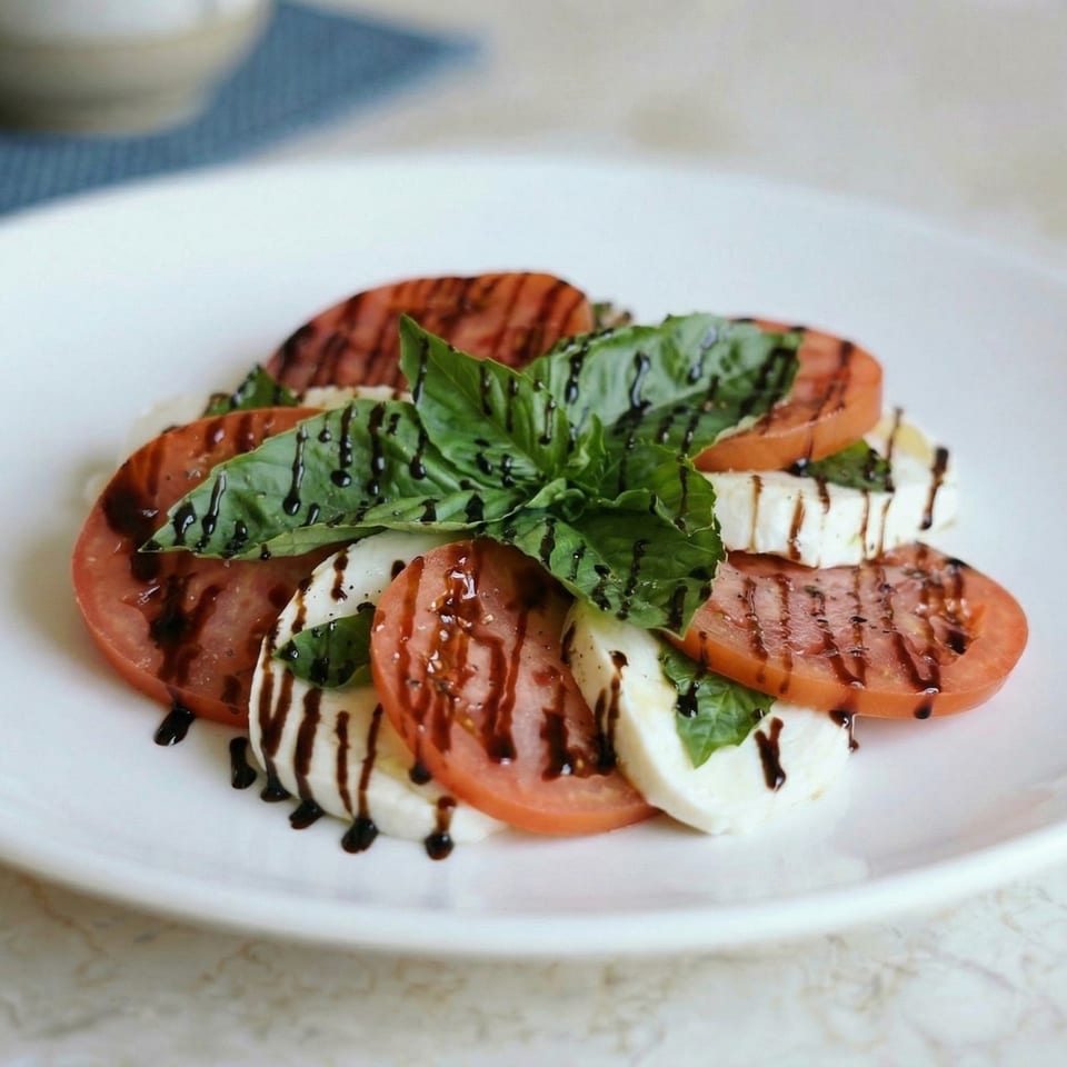 Caprese salad with sliced tomatoes, fresh mozzarella, basil leaves, and balsamic glaze on a white plate.