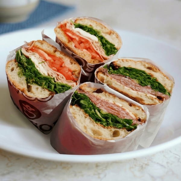 Four deli sandwiches, two turkey and two Italian, wrapped in paper on a white plate.